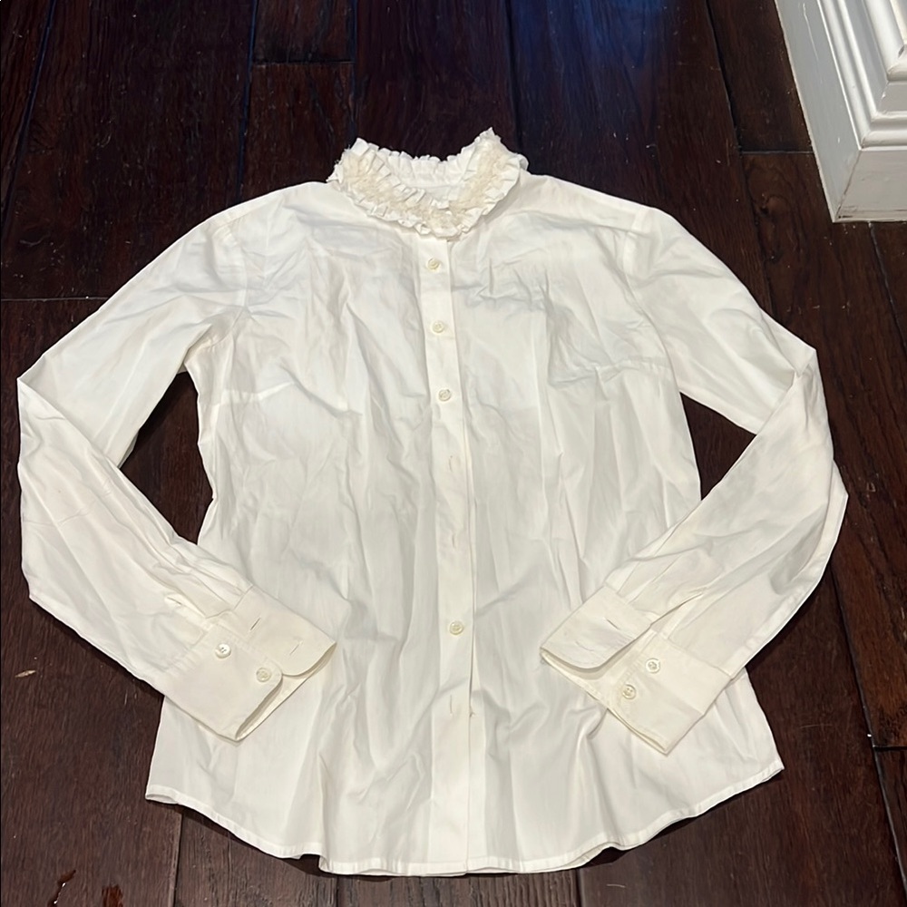 J. Crew Classic White Cotton button down with ruffle neckline